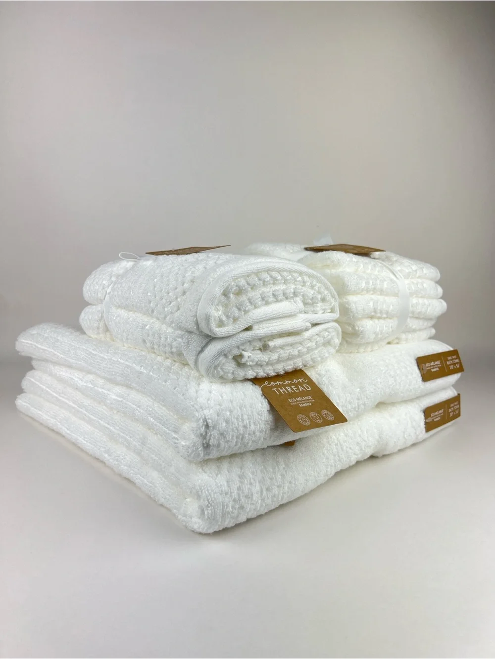 Common Thread Bath Towels White Eco Melange Bamboo Soft Cotton 9 Pc Set NEW